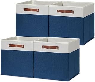 Fabric Storage Cubes Bins for Shelves,13x13 Storage Cubes, Set Of 4 Foldable Cubby Storage Bins for Organizing, Cloth Blue Storage Baskets for Cube Organizer Toy Nursery Shelves(Blue&White)