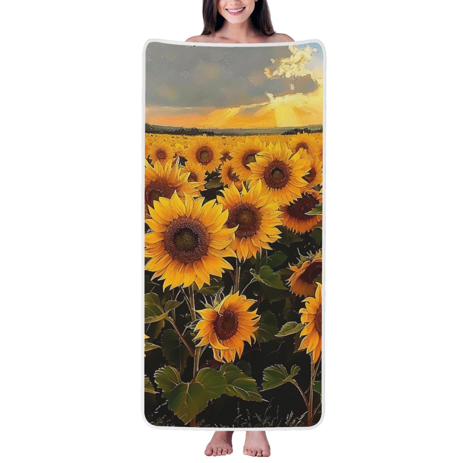 WPKJU Sunflowers Printed Bath Towel with White Edging - 27x55 in Soft Extra Absorbent Coral Velvet Shower Towels for Bathroom