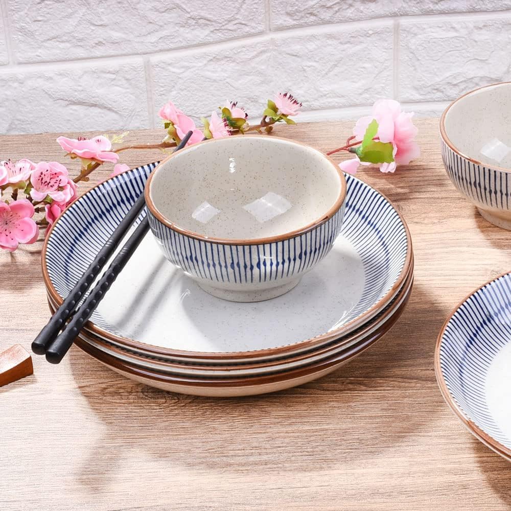 Japanese Ceramic Dinner Plate Set of 4, 7.2 Inch Blue Stripes Salad Plates