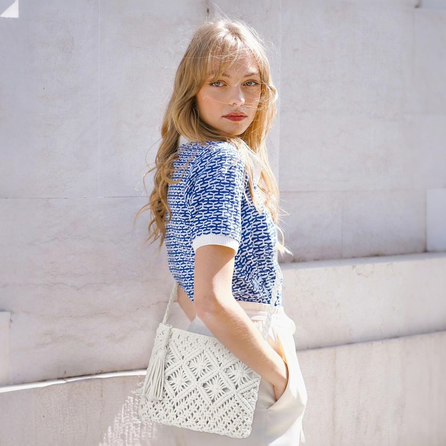 Sightor Beach Crossbody Bag for Women Summer Boho Bag Crochet Woven Purse