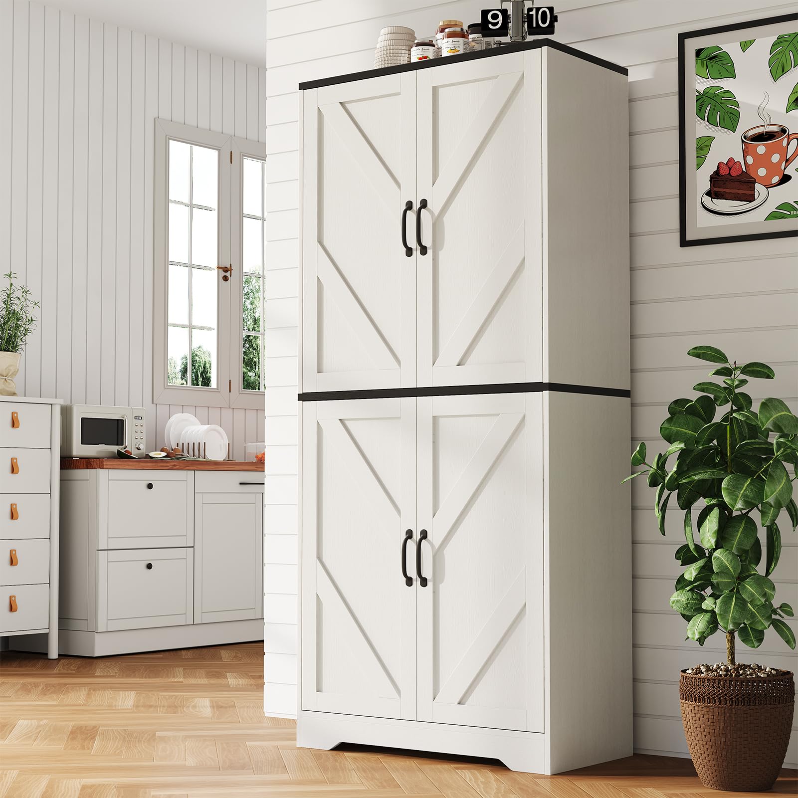 idealhouse 70" kitchen pantry storage cabinet, farmhouse kitchen cabinet with 4 doors & 3 adjustable shelves, freestanding cupboard for dining room,living room,white box2/2