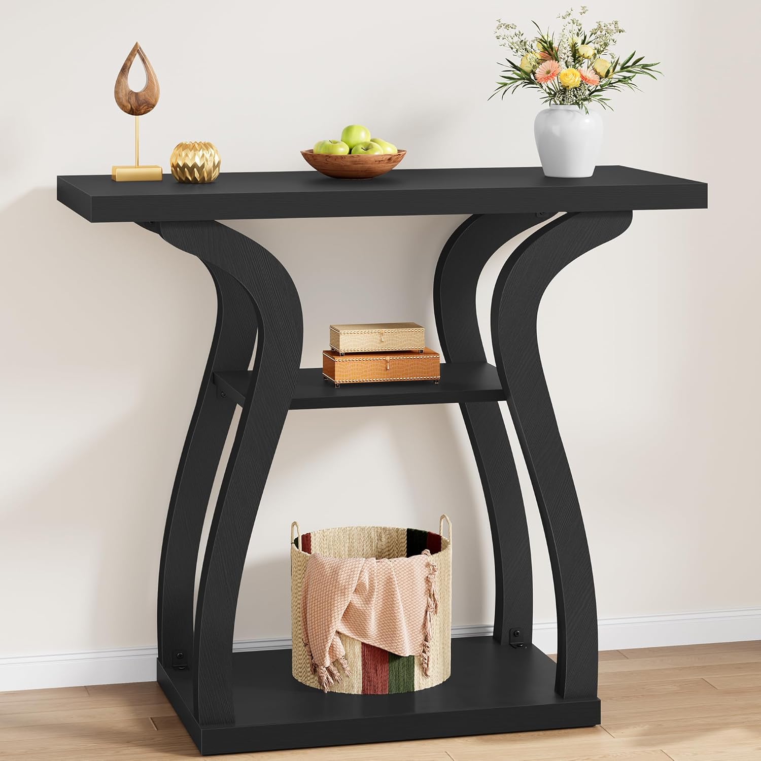 Tajsoon 31.5" Farmhouse Console Table for Entryway, 3-Tier Wood Entryway Table with Storage, Rustic Sofa Table Behind Couch Table for Living Room, Hallway, Foyer, Black