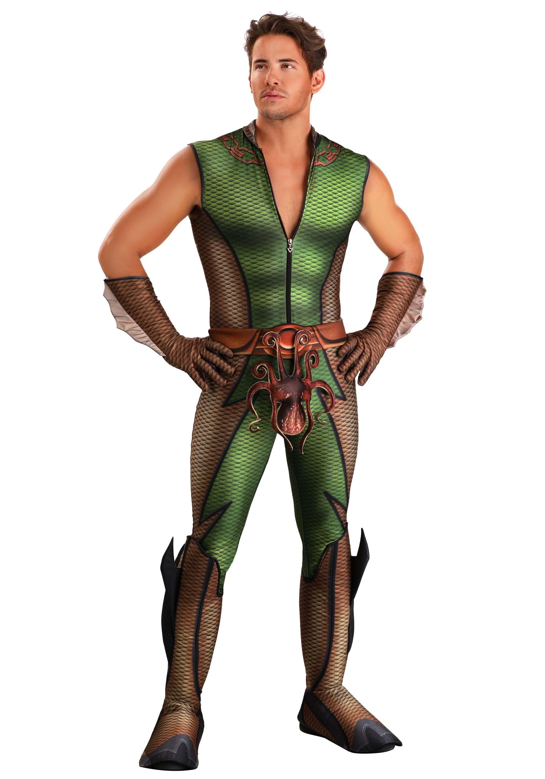 Men's The Boys The Deep Costume Jumpsuit with Belt, Gloves, Boot Covers and Octopus Accessory for Halloween Cosplay, Green, Medium