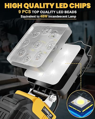 Vista 22 de LIVOWALNY Luz de trabajo LED compatible con batería Dewalt de 20 V, linterna inalámbrica de 38 W 3800 LM, herramientas de 20 V, reflector portátil