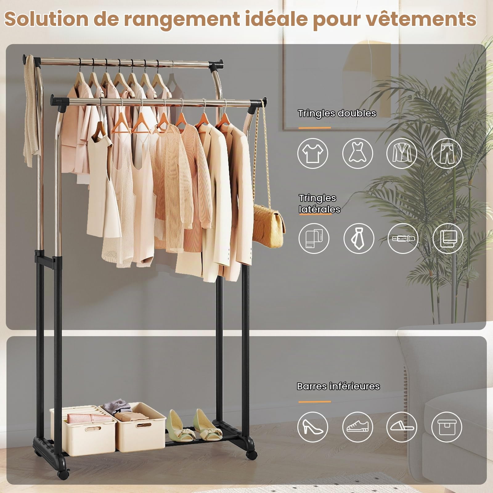GIANTEX Portant a Vetements Double Tringle, Porte-vetements Portable avec Hauteur Réglable et Roulettes, Portant en Métal Robuste avec Roulettes pour Chambre, Buanderie, Vestiaire