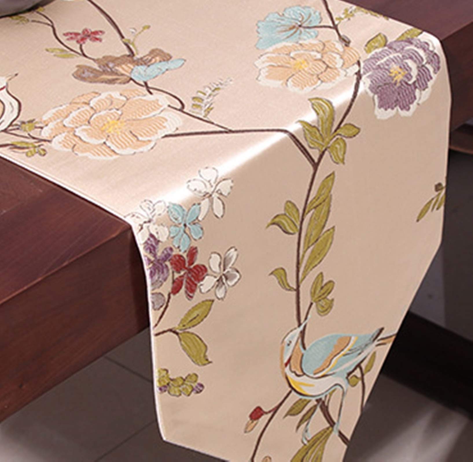 Runner Autunnale Beige, Runner Autunnale Poliestere Fiori di Uccelli Classici Runner Tavola Autunno Decorazioni 33x210cm