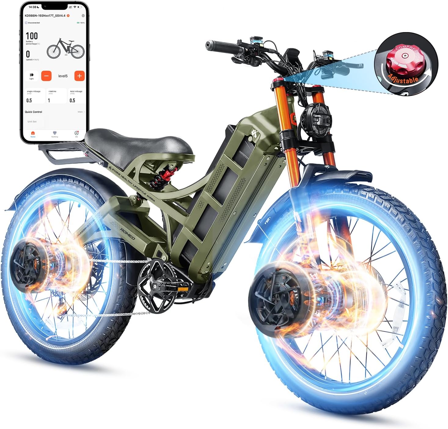 eAhora 2025 Romeo Pro 3/ Pro 2 5600W/ 4000W 50/46MPH Dual Motor Electric Bike for Adults, 80/70Ah/200+ Miles Long Range Electric Bike, 26'' Puncture-Proof Tire, 7-Speed Pedal Assist UL Certificate