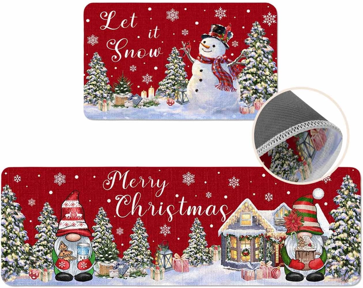 Christmas Kitchen Rugs Set of 2 Snowman Kitchen Mats Gnome Red Xmas Tree Doormats Non Skid Area Runner Rugs Carpet Absorbent Floor Mat for Kitchen Home Winter Holiday Christmas Decorations Gifts
