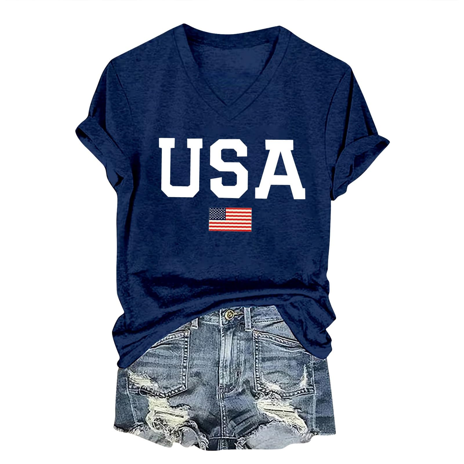 USA Shirts for Women Short Sleeve Letter Graphic American Flag Summer Tees Shirt Plus Size Memorial Day 4th of July Blouse(Navy,M)