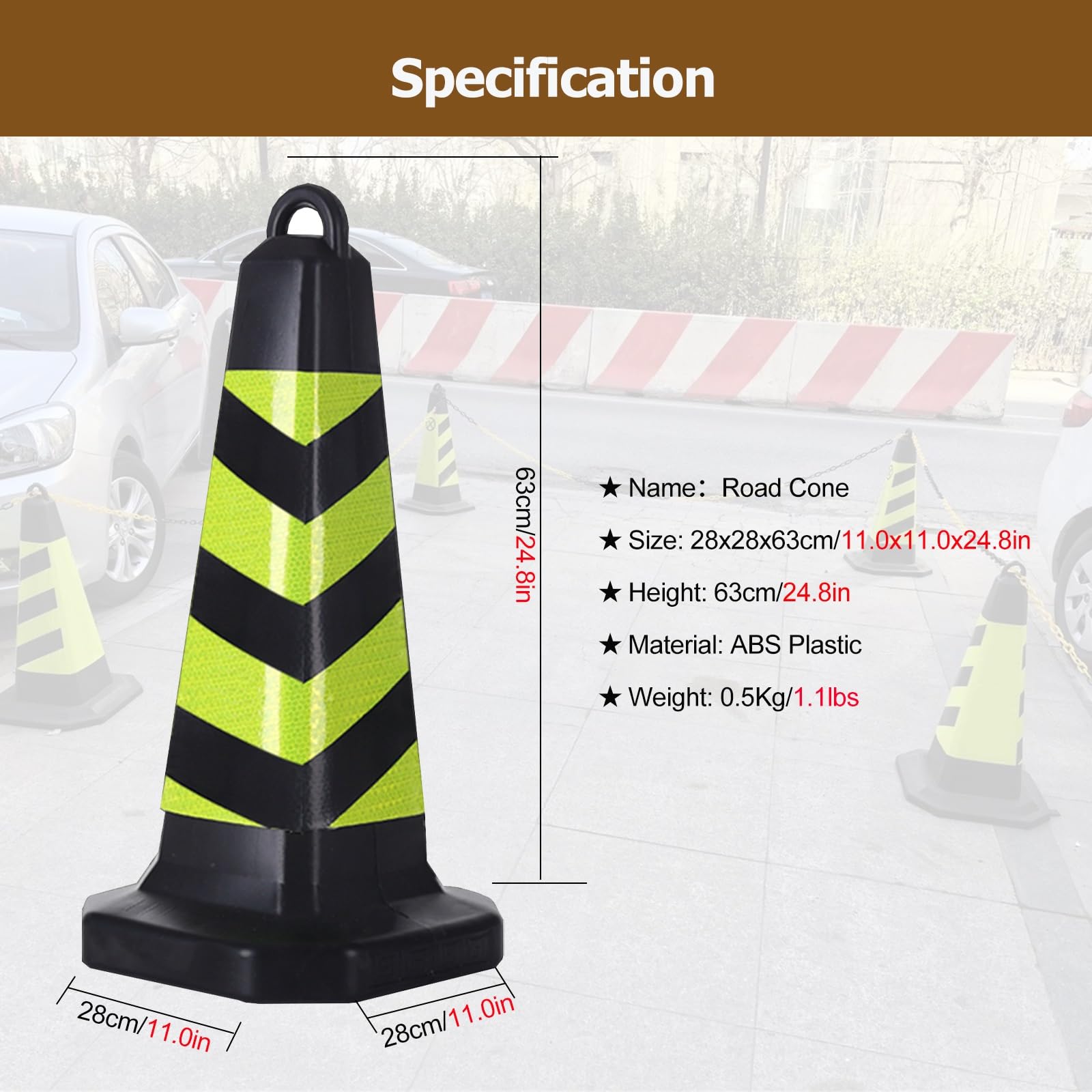 Poteaux de stationnement, Lot de 12 cônes de signalisation légers de 63 cm (24,8 po) - Cônes de sécurité Portables en ABS avec poignée et 2 Tubes de Sable, Film réfléchissant pour Une meille
