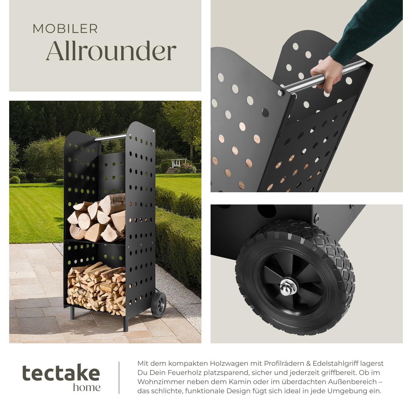 tectake® Holz Regal extrabreit mit Rollen, für aussen und innen, Kaminholzregal, Brennholzregal aus Metall, wetterfest, mobiles Holzlager, Transportwagen für Feuerholz, Kaminzubehör - schwarz