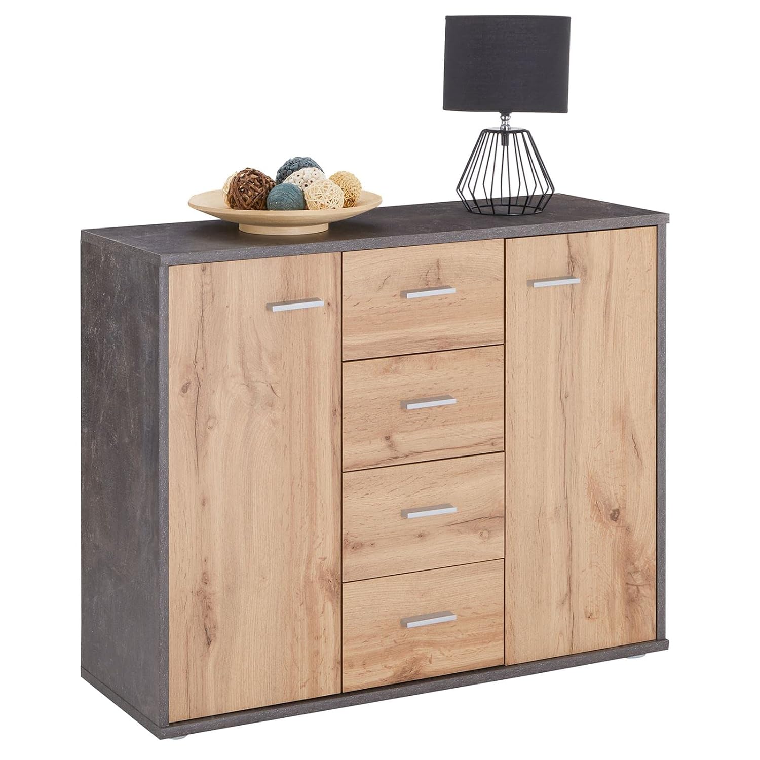 CARO-Möbel Sideboard Jamie mit 2 Türen und 4 Schubladen, Moderne Kommode Büromöbel in Beton dunkel/Wotan Eiche