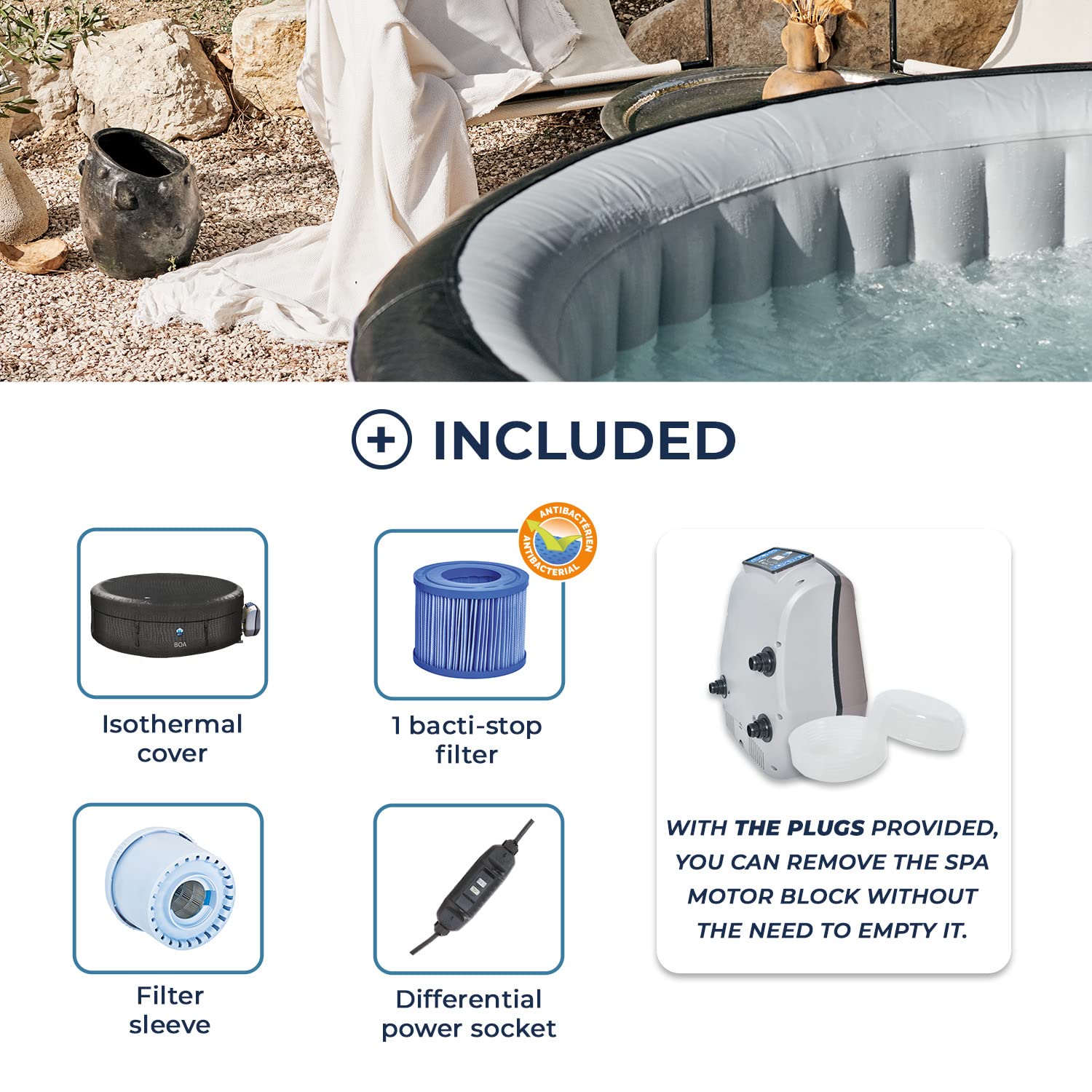 NETSPA - SPA Hinchable Circular SP-BOA155B XL Familial -5-6 Personas - 195X70 Cm - Efecto de cocodrilo - Estructura de Espuma 8 Cm - Volumen 800 L