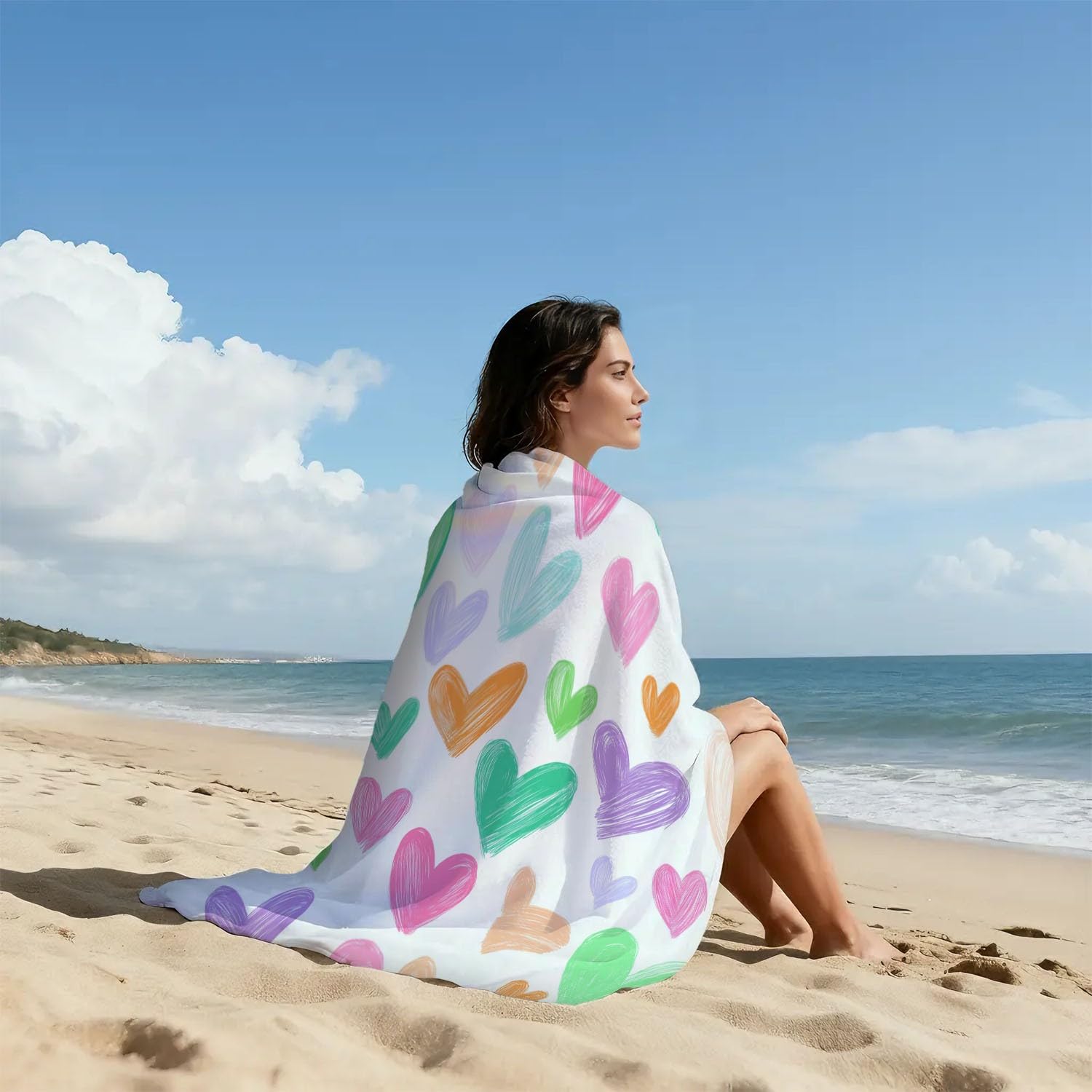 Heilend, Doodle, Aquarell Strandtuch 200 x 145 cm – Saugfähiges Schnell trocknendes Strandtuch Handgezeichnete Herzen, Sanfte Töne für Campen, Picknick, Ausflüge