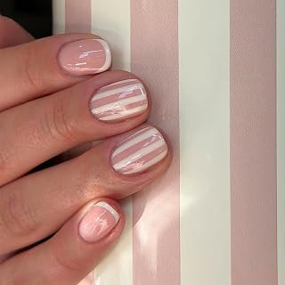 Nude Press On Nails White Stripe Short Square, Sailor Pattern Design Stick On Fake Nails, Reusable Thick Acrylic False Nail for Wome，Daily Gift Kit (No Glue Included)