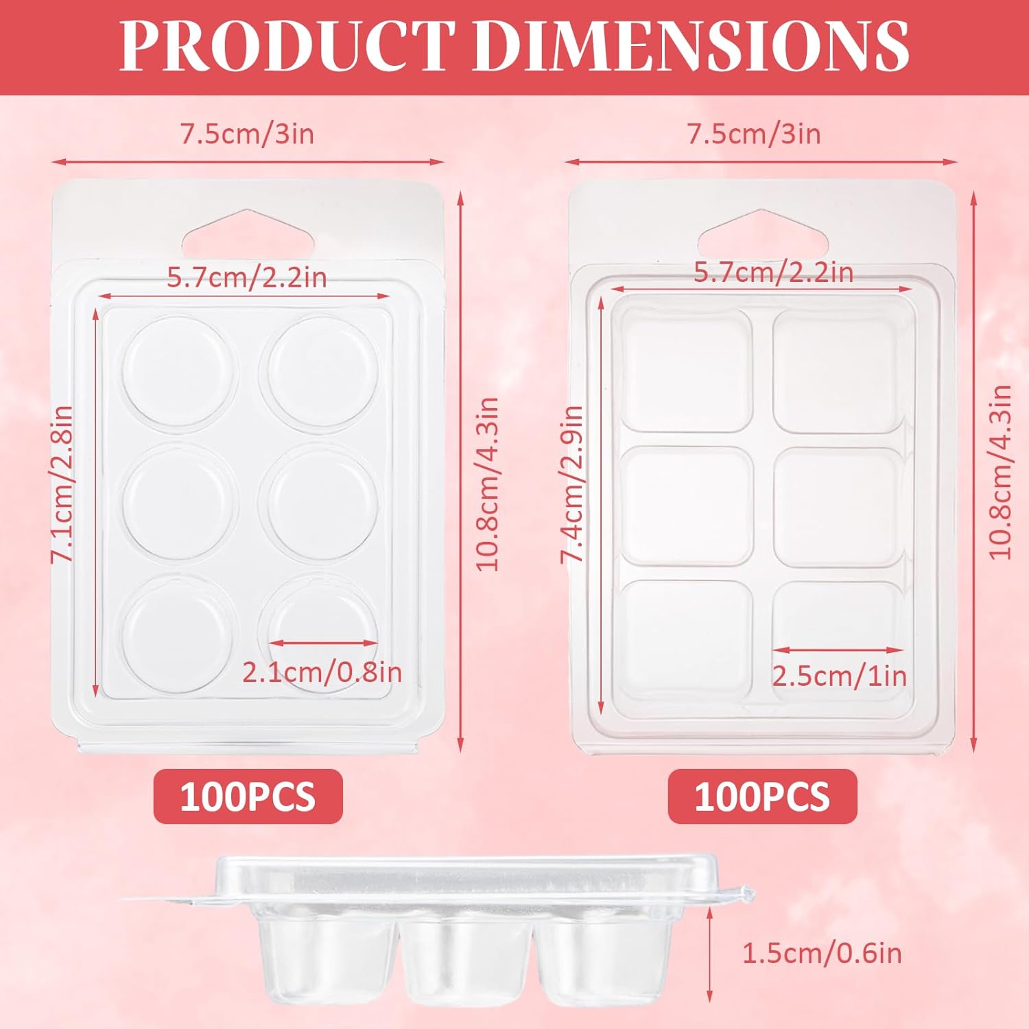 RHBLME 200 Pack Wax Melt Containers, 6-Cavity Clear Plastic Wax Melt Molds - Square & Round Shape Clamshells for Tarts & Candles