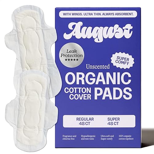 August Menstrual Day & Night Organic Cover Pads, 48-Pack Regular,