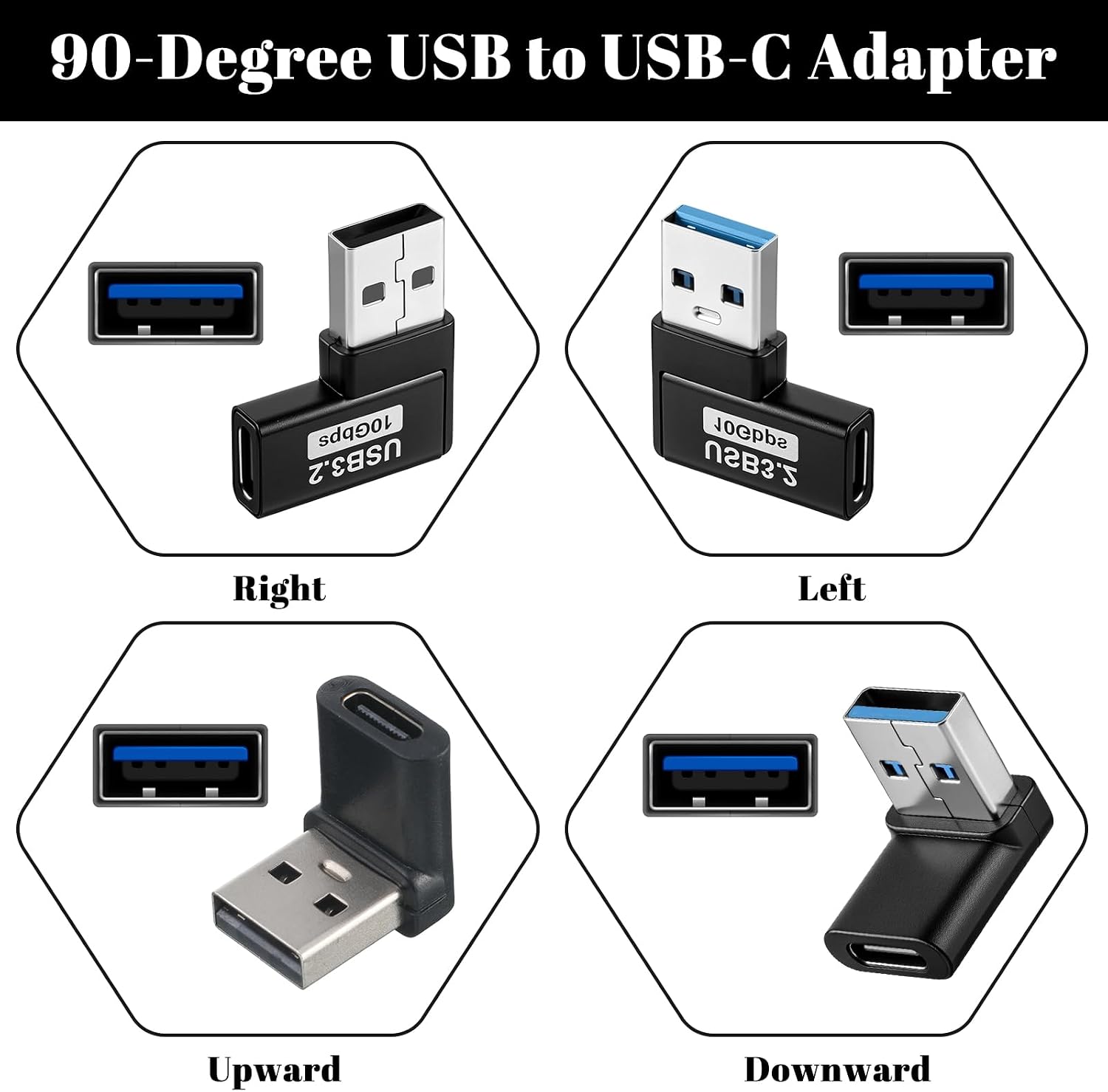 4 Pack 90 Degree USB to USB C Adapter, USB A Male to Type C Female Extender Connector Right Angle Type-C Female to A Male Converter Type Plug Adapter for PC, Laptop, USB-A Charger, Power Bank and More