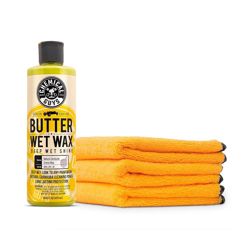 Cera Automotiva Chemical Guys Butter Wet Wax WAC_201_16 com brilho intenso, acabamento molhado e toalhas de microfibra douradas MIC_506_03, kit com 3