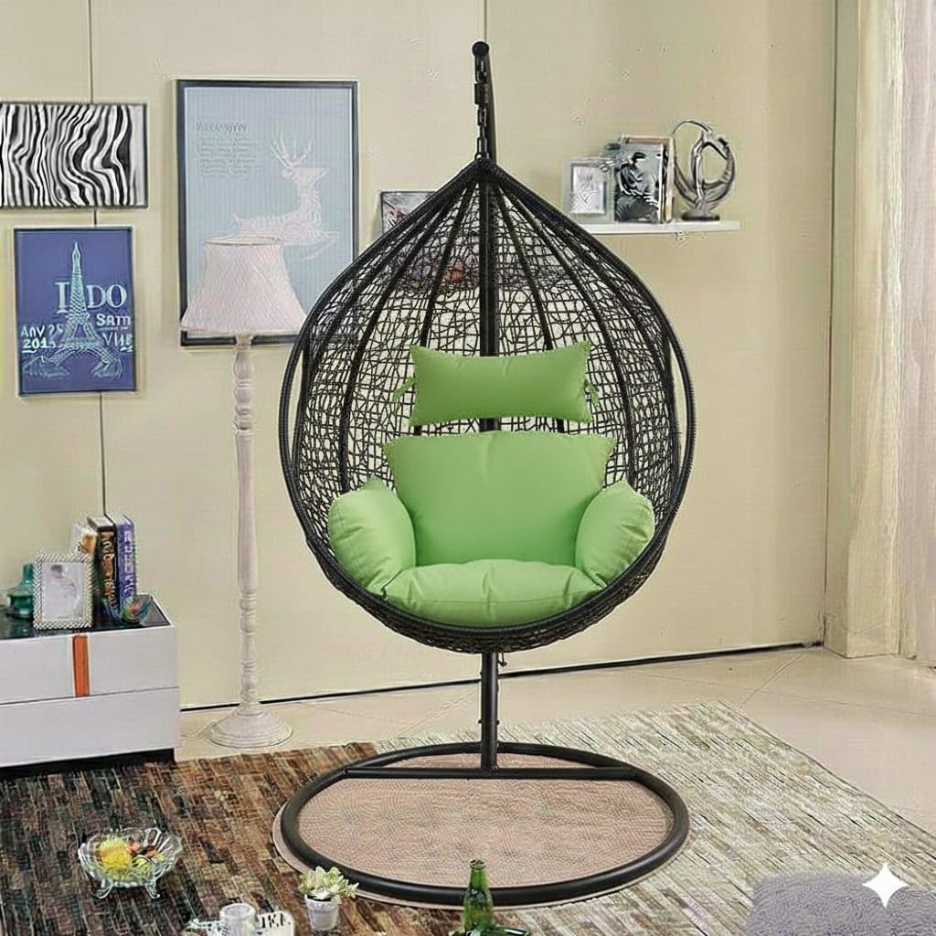 Swing Chair singhle Seater Hanging Egg Chair with Stand, Black Wicker with Green Cushion, Teardrop Shape Swing chaier Seat-image-33