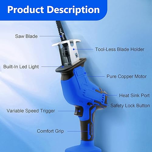 Miniatura 3 de Sierra recíproca compatible con batería de 18 V, sierra recíproca inalámbrica, velocidad variable de 0-3500 SPM, 4 hojas de sierra/gafas