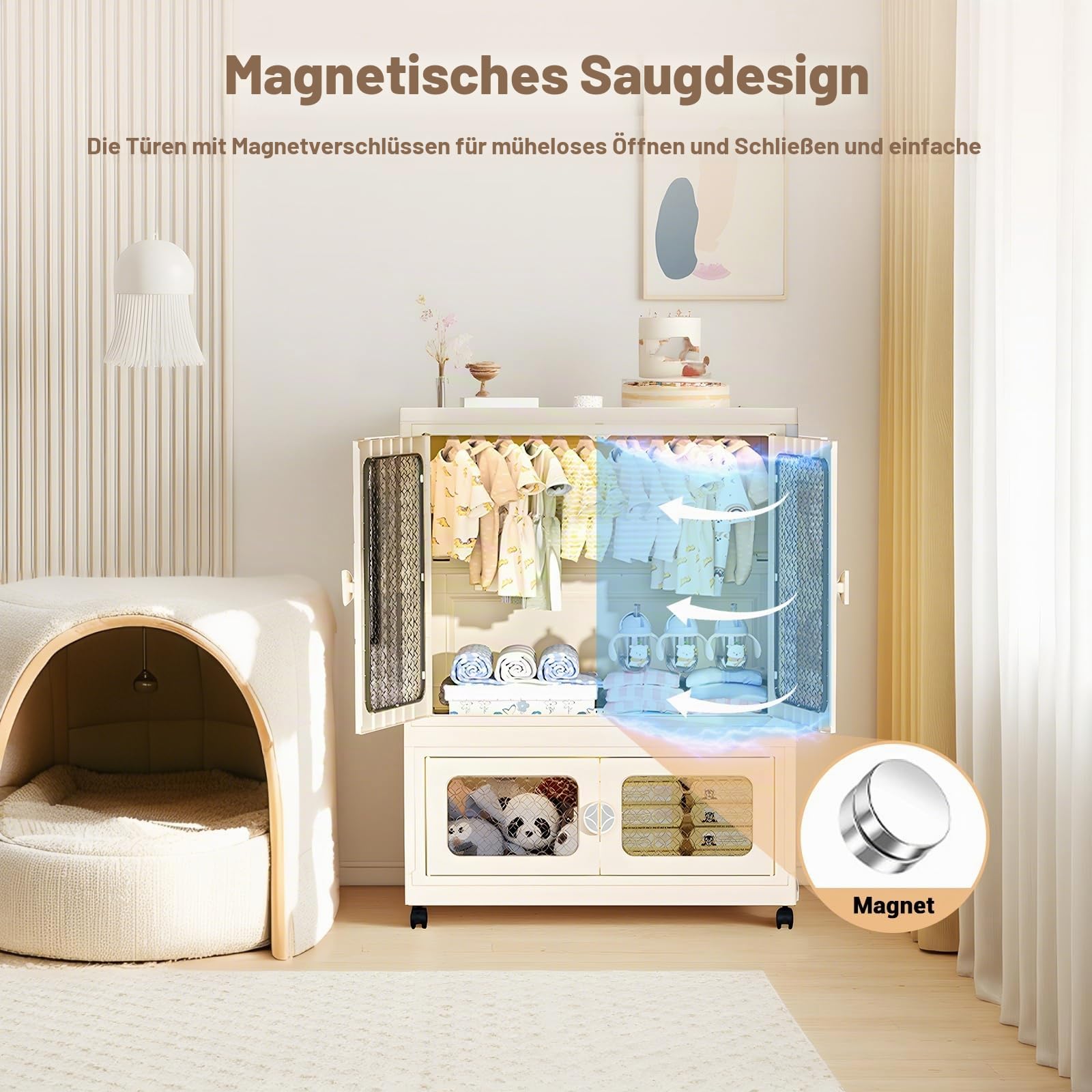 Tragbarer Kleiderschrank mit Doppeltüren - Zusammenklappbarer Schrank mit Rollen 103x75x38cm - Kunststoff-Klappkommode mit Kleiderstange 1 Aufhängung + 1 Aufbewahrungen - Weiß