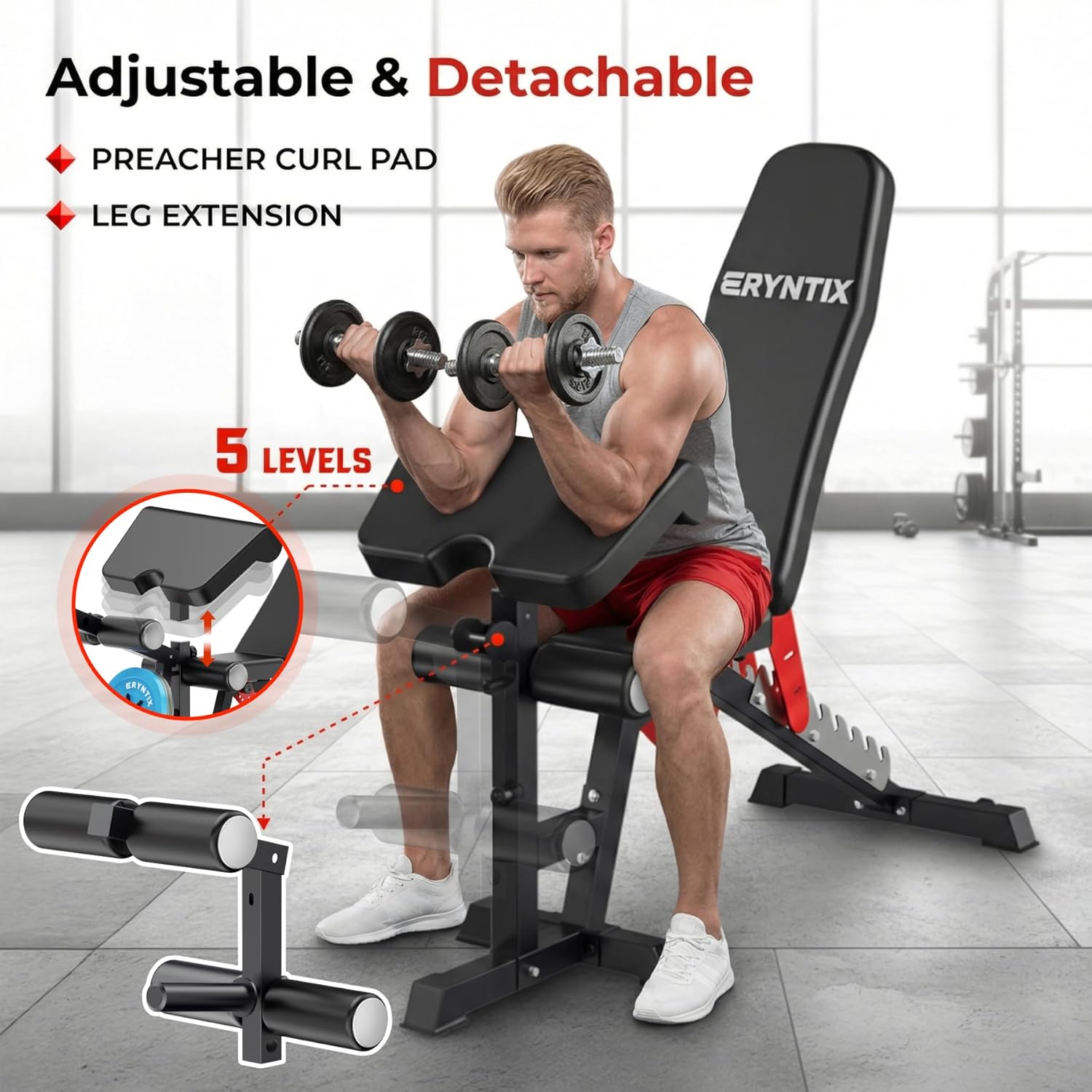 Adjustable Workout Bench, 1600LBS Heavy-Duty Weight Bench with Leg Extension/Curl, Preacher Pad, 3-Position Incline/Decline/Flat, ISCC PLUS Certified for Home Gym Full Body Strength Training