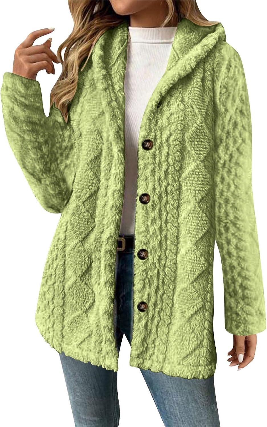 Fleece Jacket for Women Casual Button Up Fuzzy Hooded Coat Long Sleeve Cardigan Sweaters Warm Sherpa Lined Outerwear