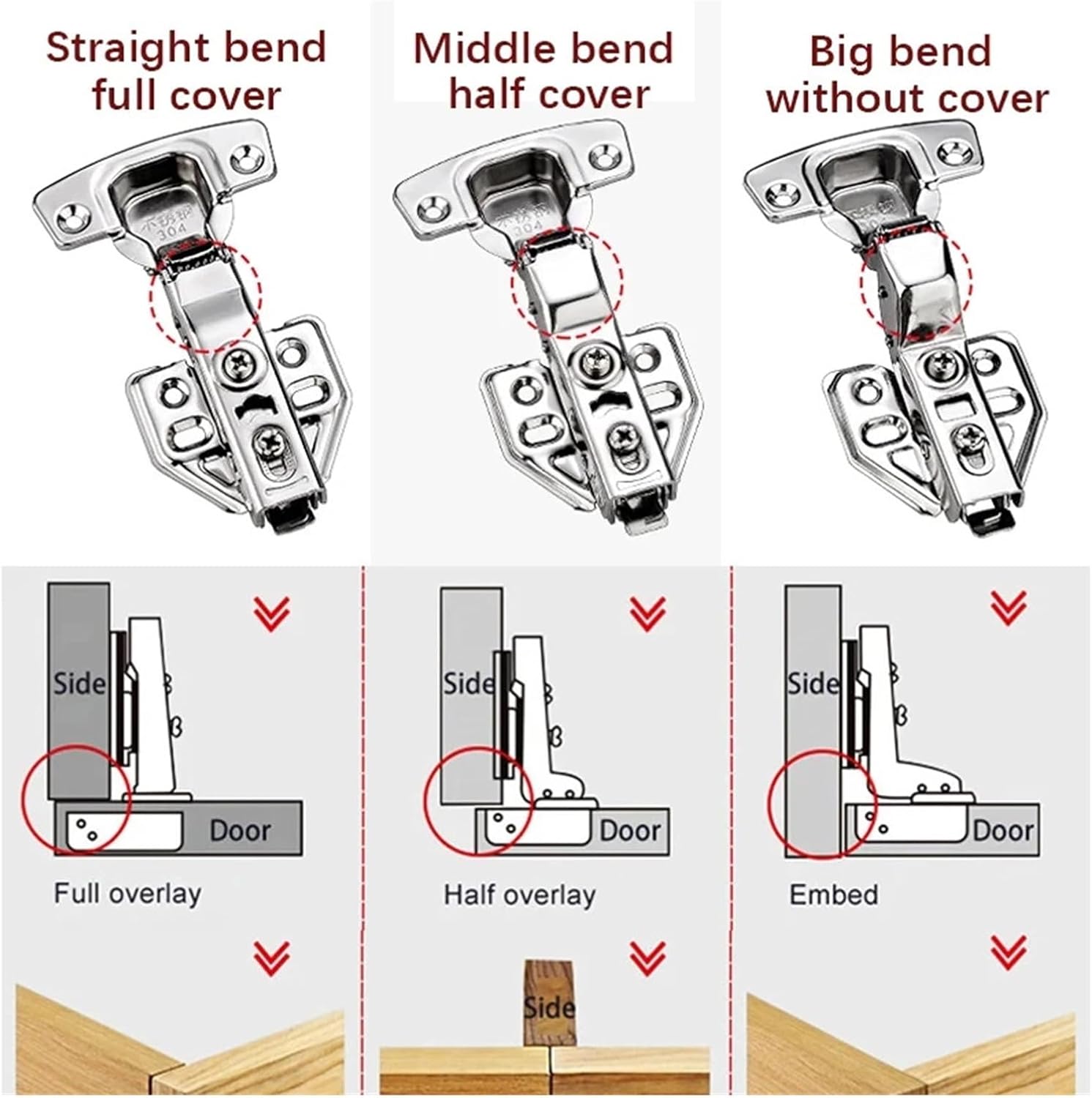 1Pcs/10Pcs 304 Stainless Steel Hydraulic Hinges Cabinet Door Spring Hinge Damper Buffer Quiet Closing Kitchen Cupboard Furniture(Big Bend (1Pcs))
