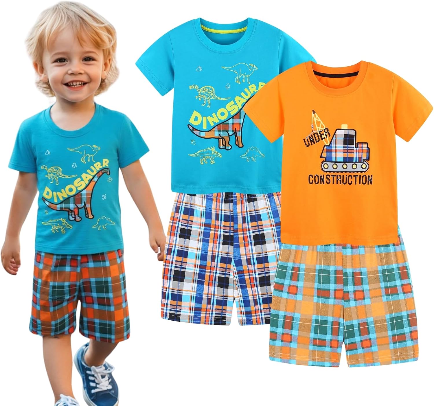 HILEELANG Toddler Boy Short Sets Summer Easter Outfit Cotton Tees Plaid Shorts Clothing 4PC Sets