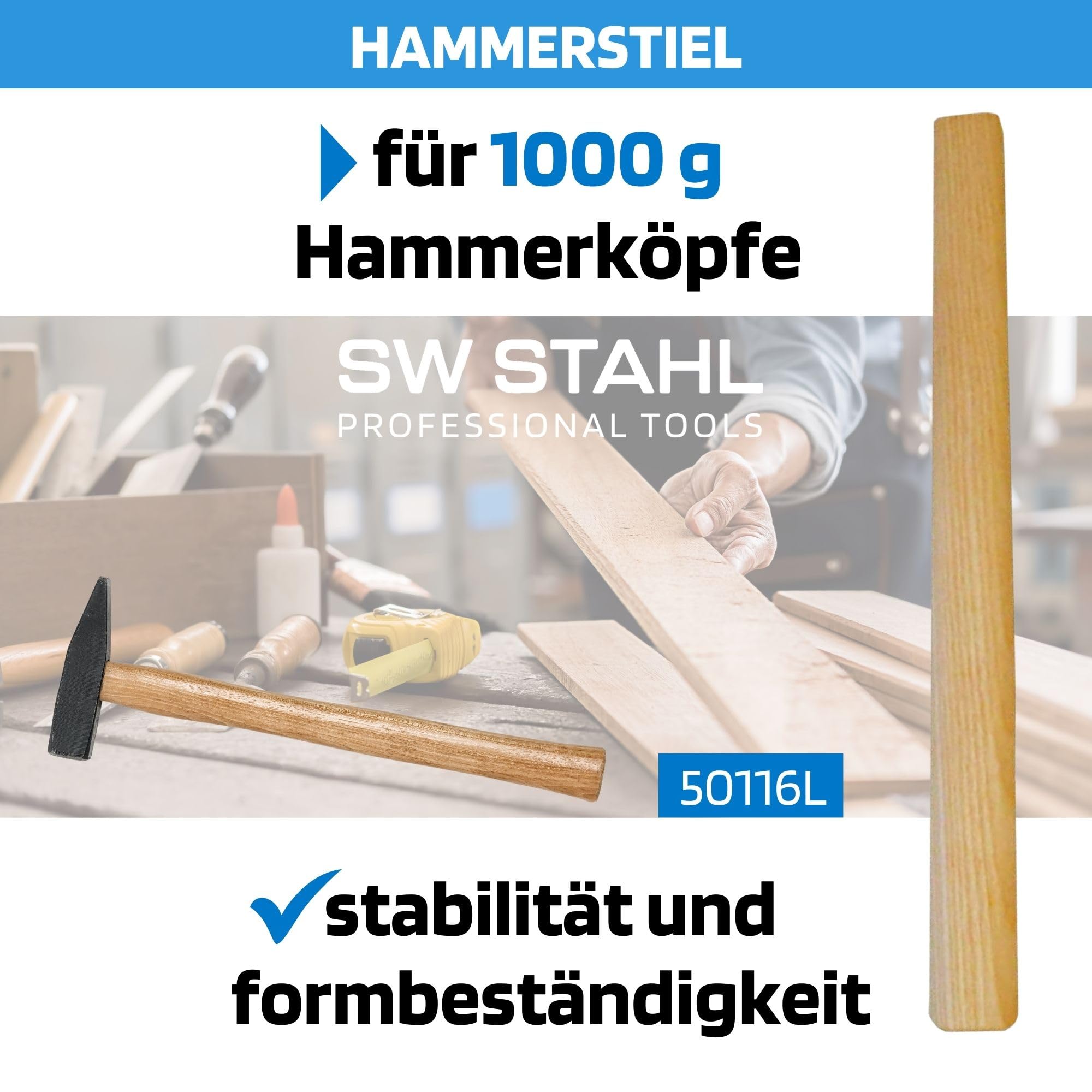 SW-Stahl Schlosserhammer 1000g Mit Esche Holzgriff - Hammer Werkzeug Für Haus & Werkstatt