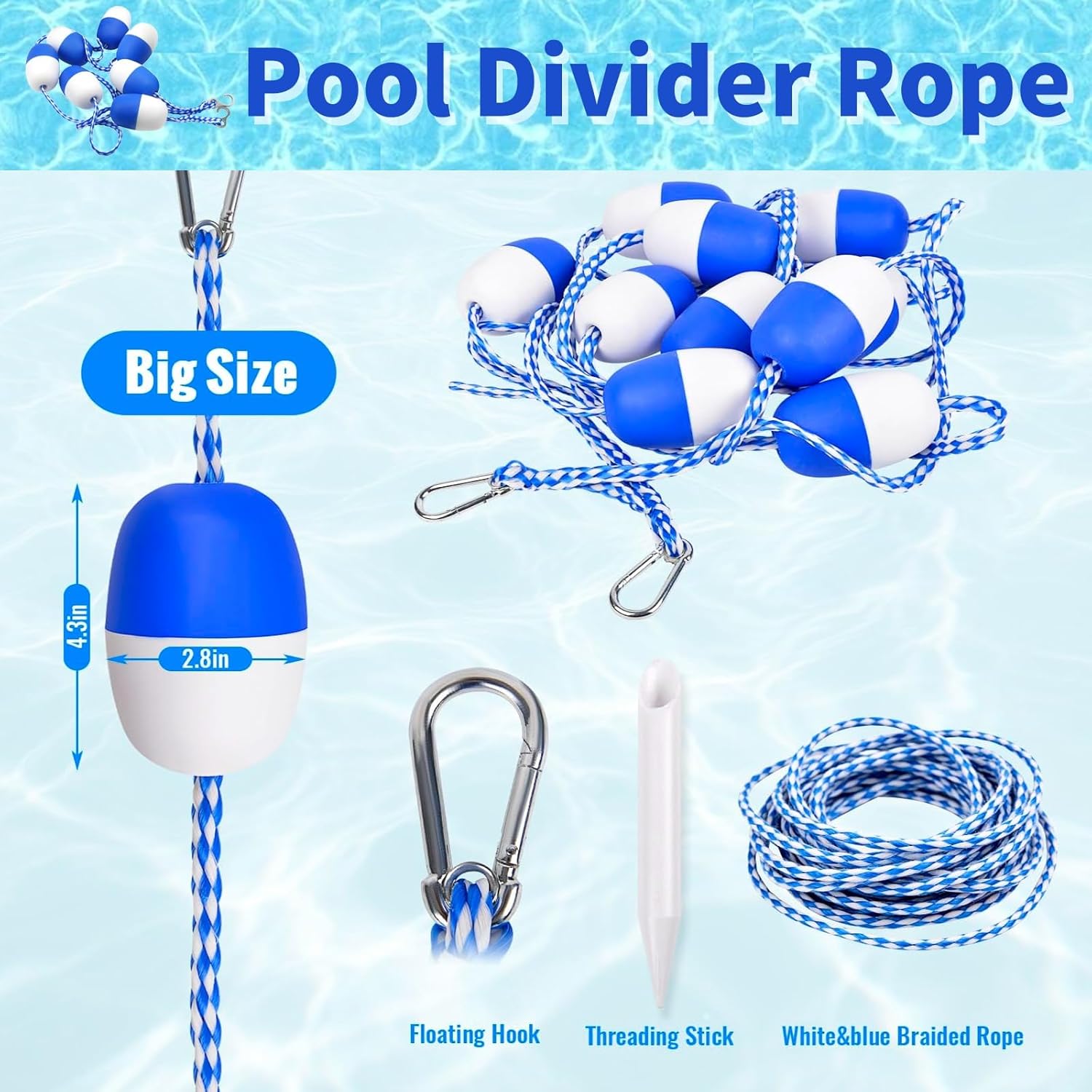 Pool Adjustable Safety Rope 5ft 10ft 15ft 20ft 25ft 30ft, Floating Divider with ABS Buoys, Nylon Cord & Stainless Hooks, Shallow Deep Separator for Swim Lanes, Residential & Commercial Pools-5FT