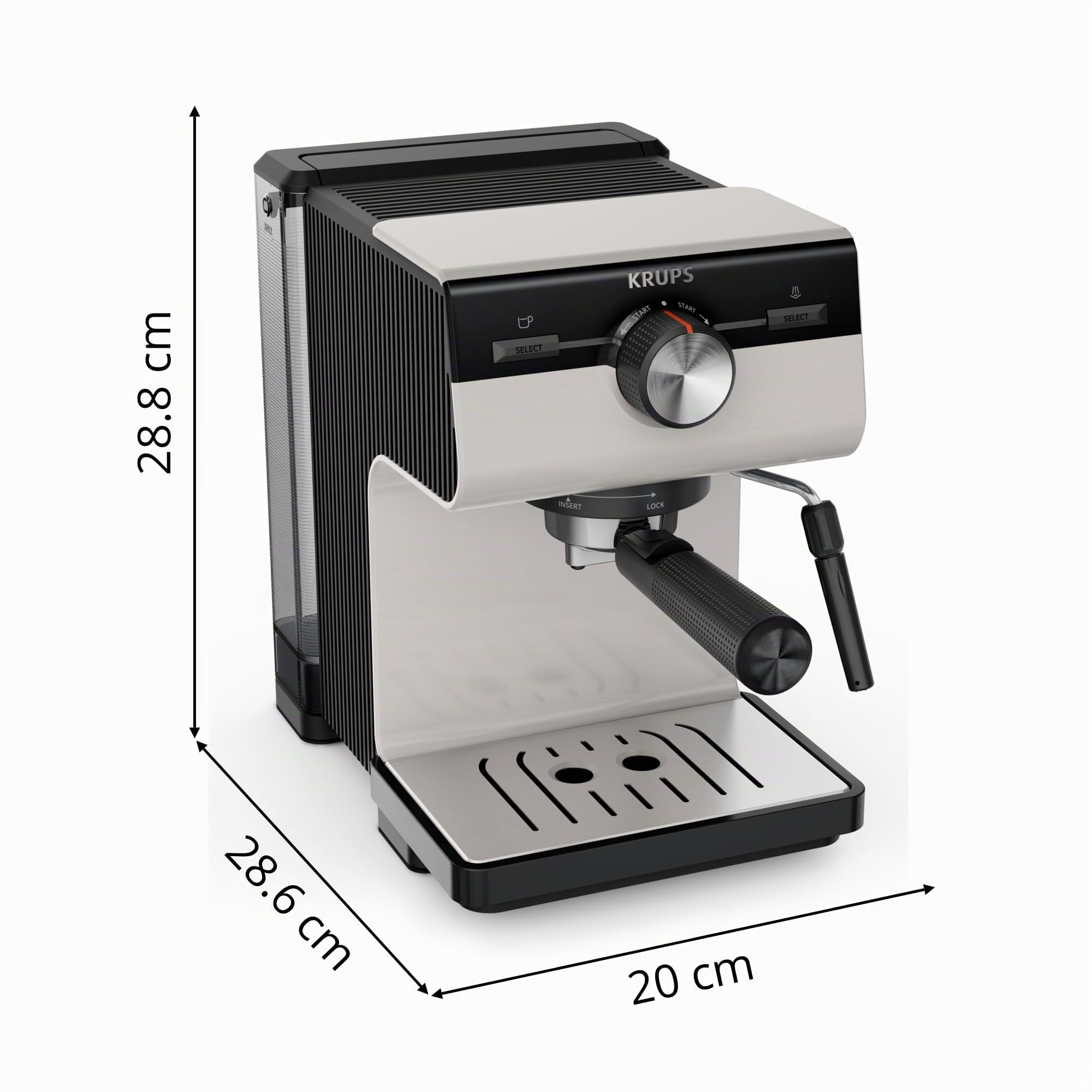 KRUPS Machine espresso manuelle, Qualité Barista, Espresso et Cappuccinos, Buse vapeur, Rangement des filtres inclus, Gris clair, Authentic, XP381B10