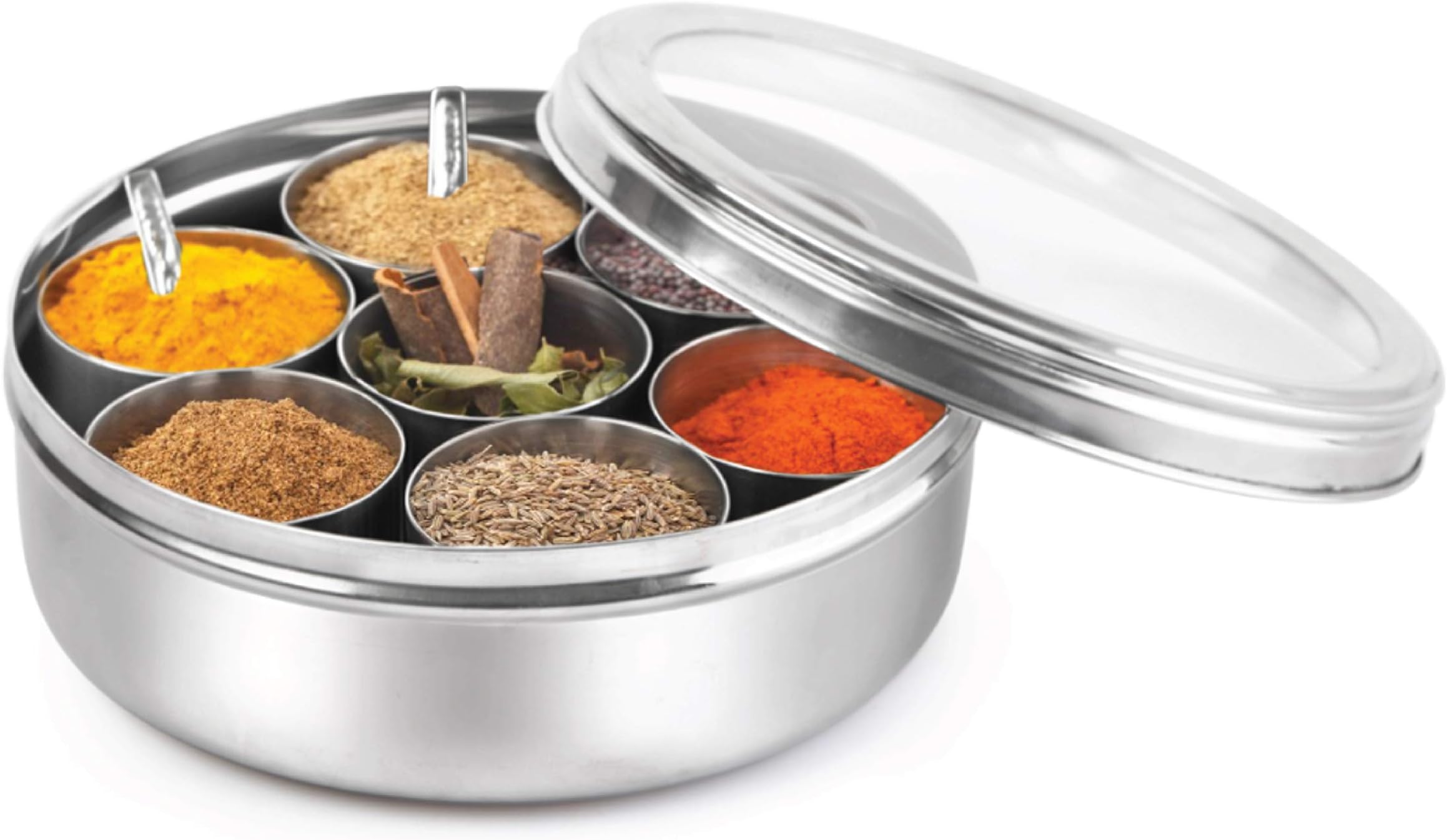 Cello Steelox Stainless Steel Masala Dabba/Spice Box with See Through Lid, 7 Containers and 2 Small Spoons, (150mlx7), Silver