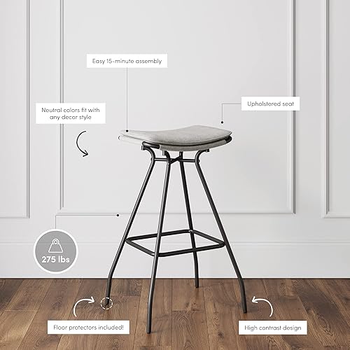 Miniatura 21 de Nathan James 22201 Arlo - Taburete de bar tapizado moderno sin espalda con asiento de sillín de doble capa y base de metal, gris/negro mate Plumas