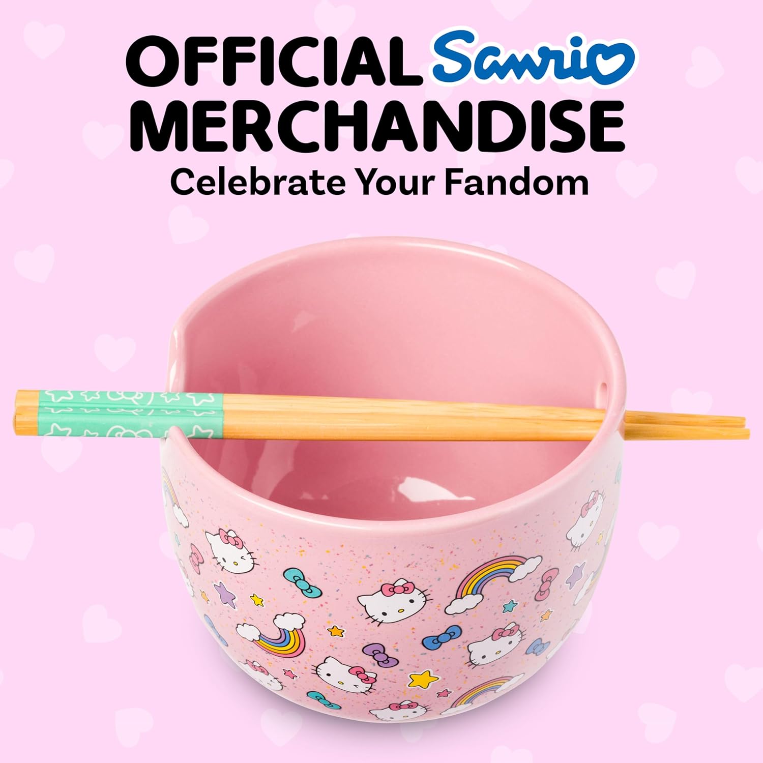 Silver Buffalo Sanrio Hello Kitty Bows Stars Rainbow Pattern Ceramic Ramen Noodle Rice Bowl with Chopsticks, Microwave Safe, 20 Ounces - Image 5