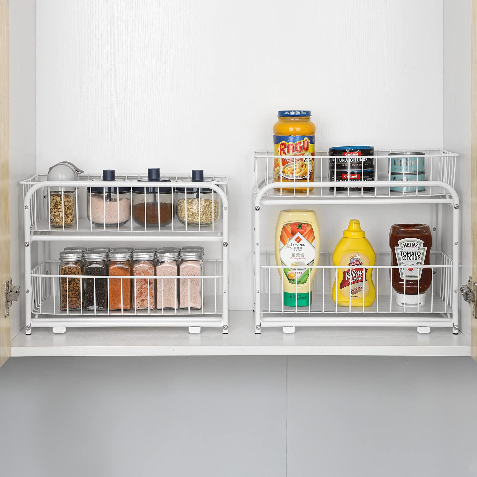 Unterwaschbecken-Organizer mit Schubladenkorb, 2er-Pack, Schiebeschrank-Organizer mit Metall, 2 Ebenen, Unterwaschbecken-Aufbewahrung, Unterwaschbecken-Schrank-Organizer, Weiß