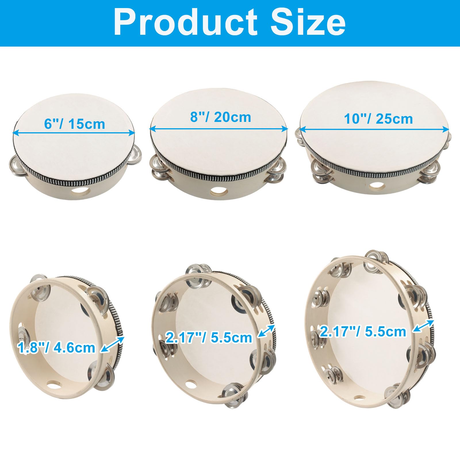 Hordion Lot de 3 tambourins professionnels en bois pour adultes, 15,2 cm, 20,3 cm, 25,4 cm | Tambour à main à une rangée avec jingles en métal, instrument de musique à percussion pour église, karaoké, fête