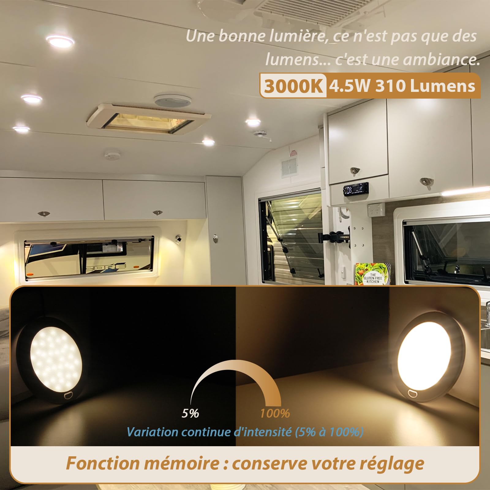 Dream Lighting Plafonnier LED 12v Camping Car Interrupteur Variateur Continu IP44 Caravane Éclairage Intérieur Blanc Chaud