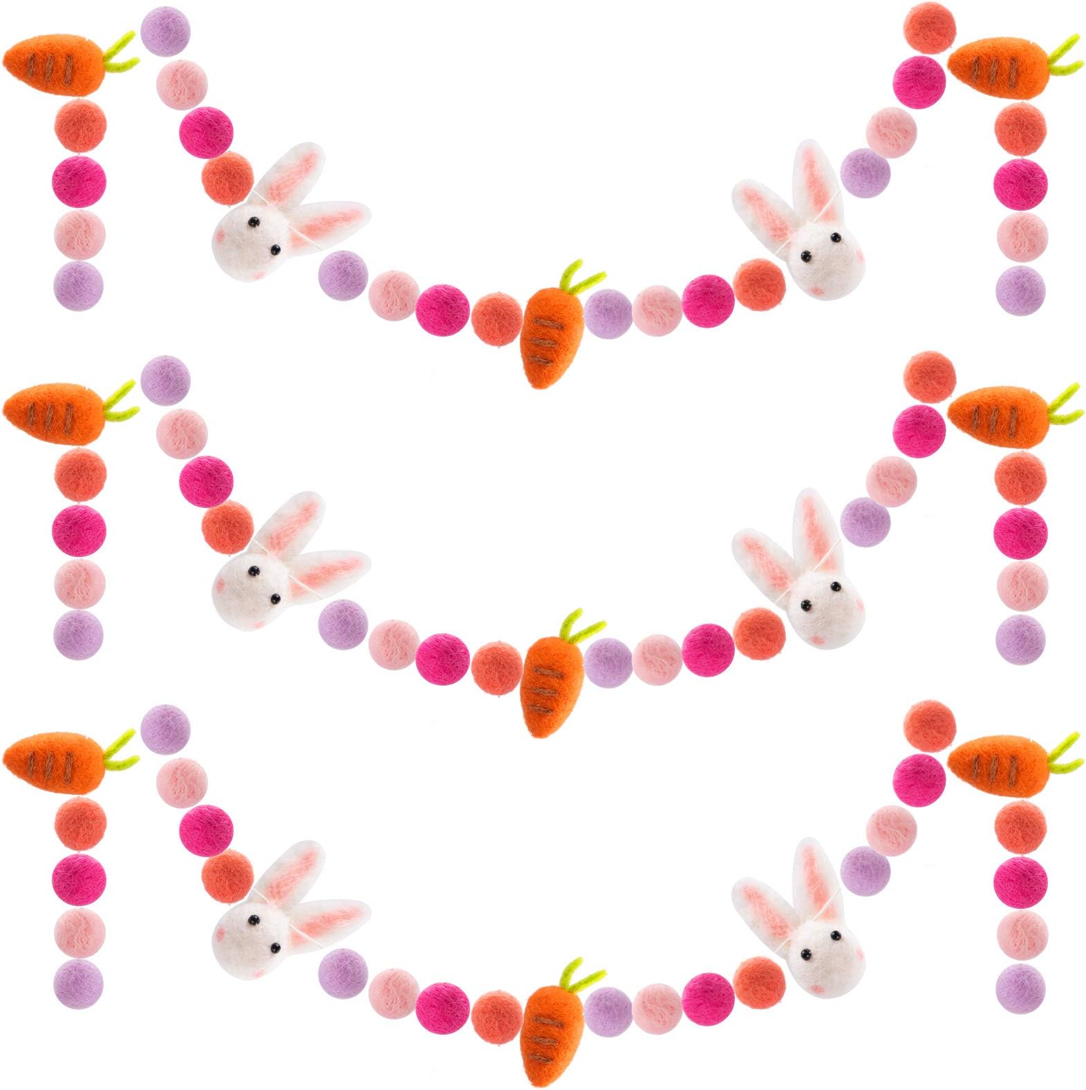 3 Pieces Easter Felt Ball Rabbit Carrot Garlands - 6.6 Feet Handmade Pom Pom Felt Ball Bunny Hanging Banners Spring Tree Ornaments Party Favors for Easter Home Bedroom Living Room Wall Decors