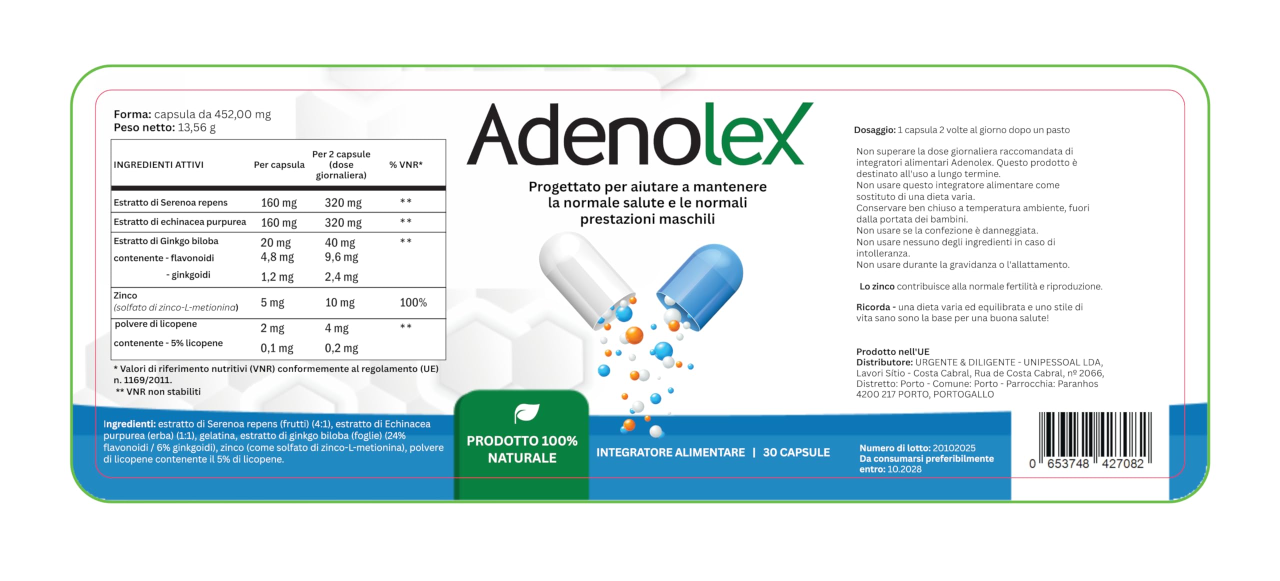Adenolex 30 Capsules – Integratore alimentare con Serenoa, Echinacea, Ginkgo Biloba, Zinco e Licopene – Supporto quotidiano per vitalità e benessere maschile – Made in EU