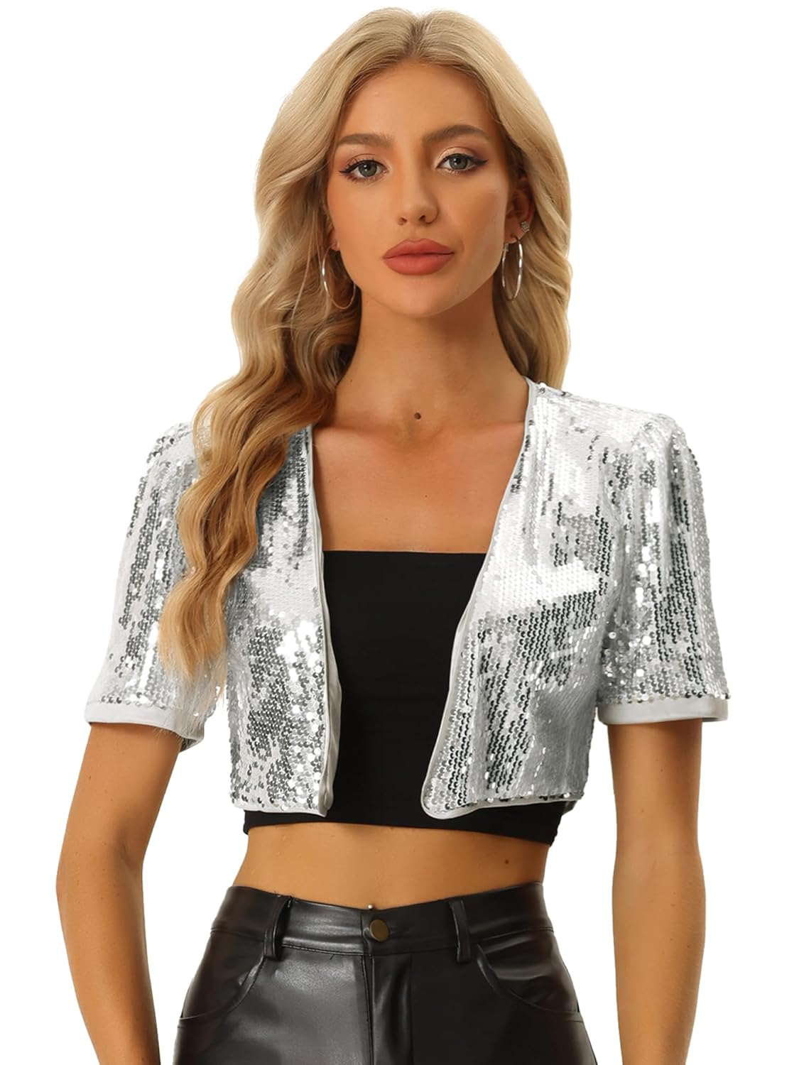 Allegra K Sequin Cardigan for Womens Puff Sleeve Open Front Jacket Sparkly Glitter Cropped Shrug Bolero