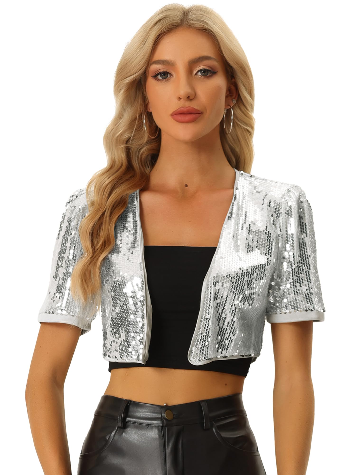 Allegra K Sequin Cardigan for Women's Puff Sleeve Open Front Jacket Sparkly Glitter Cropped Shrug Bolero