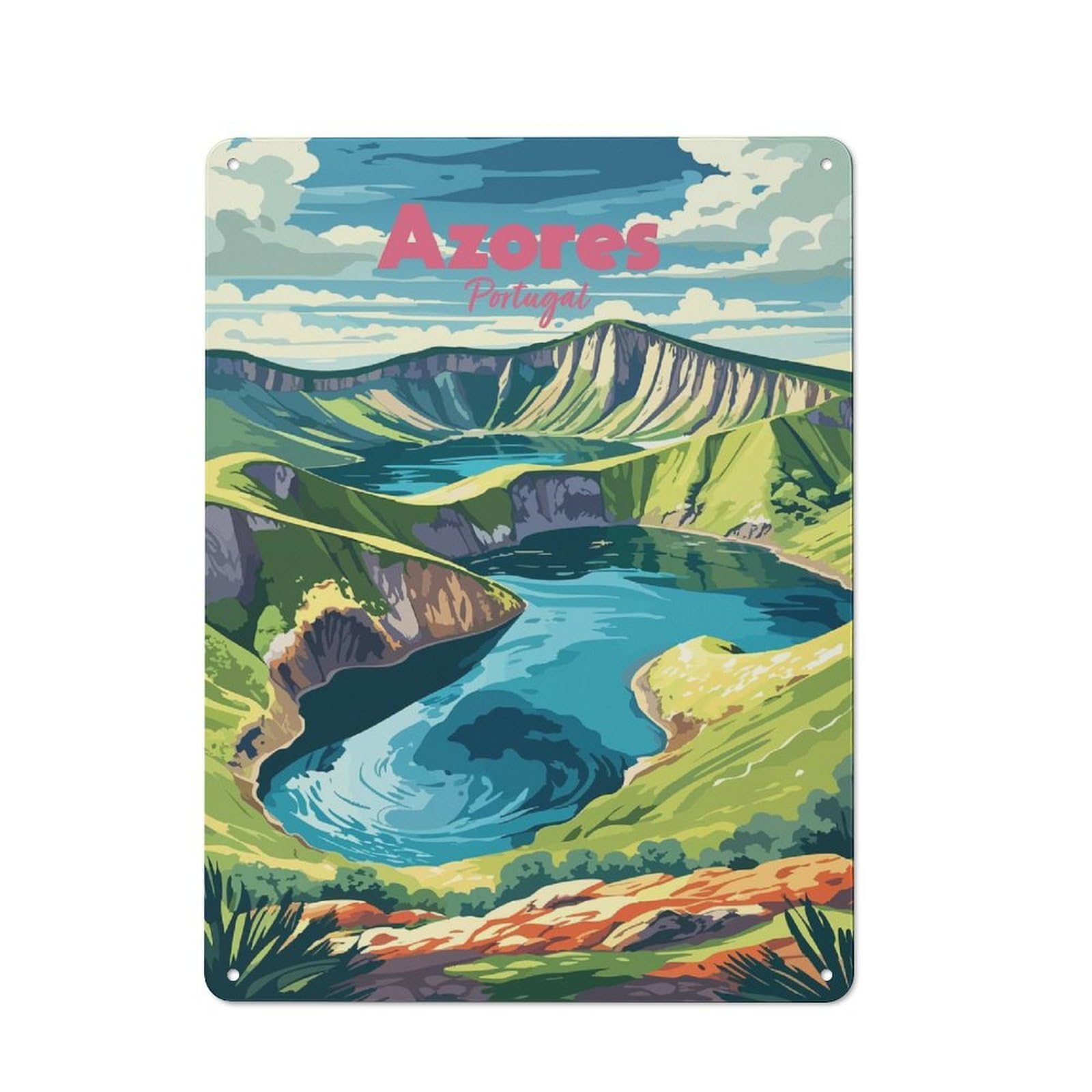 Junmoney Style-21 Modern Retro Metal Wall Art Sign 40X30cm Featuring Azores Portugal Landscape Illustration, Urban Room Decor For Flat, Bar, Studio Or Gallery Wall