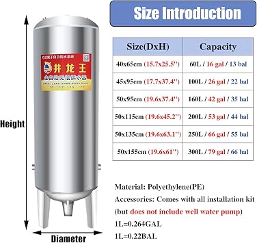 Well Pump Pressure Tank 15 30 40 50 70 80 Gallon, Well Water Bladder Pressure Tanks for House, Outdoor Water Booster Pump for Sprinkler System(50x155cm (300L/79 gal))