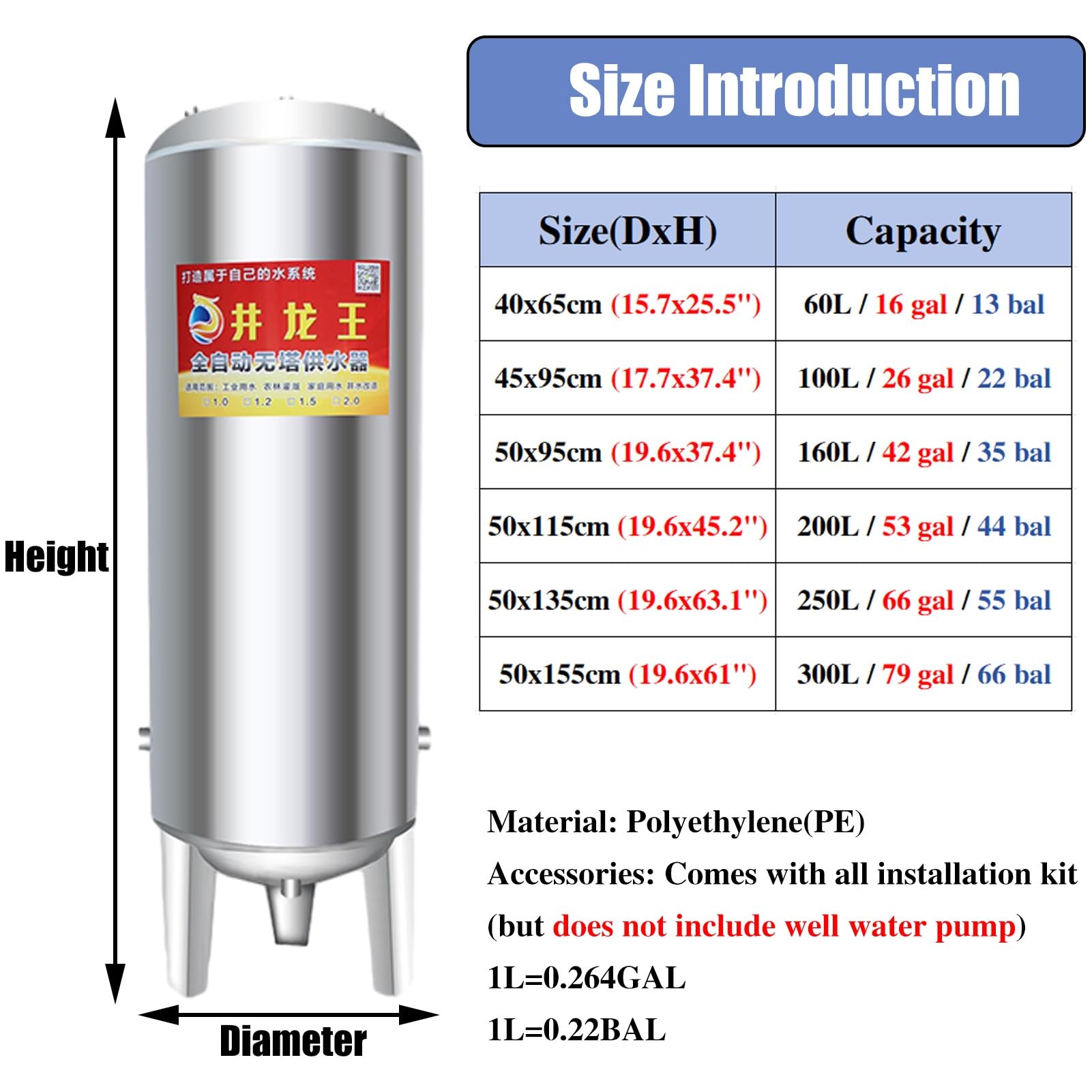 Vaso Expansion Tanque de Presión para Bomba de Pozo con Kit De Instalación, Tanque de Almacenamiento de Agua para Pozo de Cemento para Precarga, Sistema de Refuerzo de Emergencia para Agua(50x135cm (2