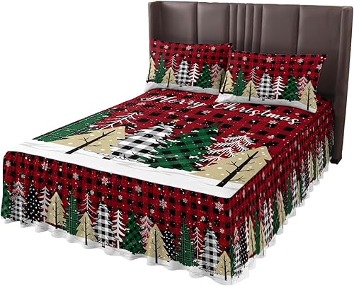 Faldas de cama plisadas envolventes de Navidad para cama King de 78 x 80 pulgadas, sábana decorativa con volantes y falda de cama de 18 pulgadas con