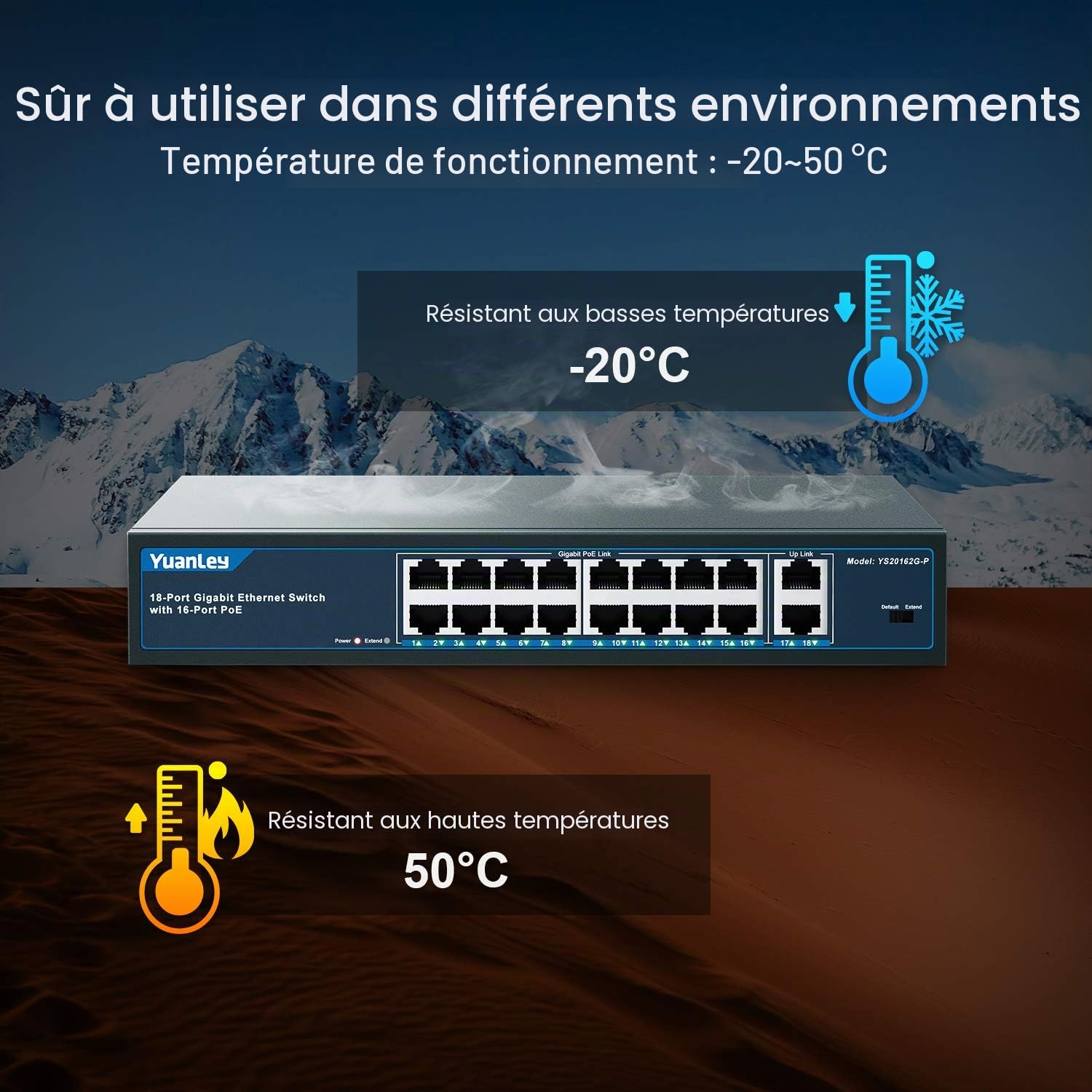 YuanLey 18 Ports Gigabit Switch PoE , 16 Ports PoE + 1000 Mbps, 2 Gigabit Uplink, 250W 802.3af/at, Bureau/Rack en Métal, Réseau Plug and Play Non géré Switch