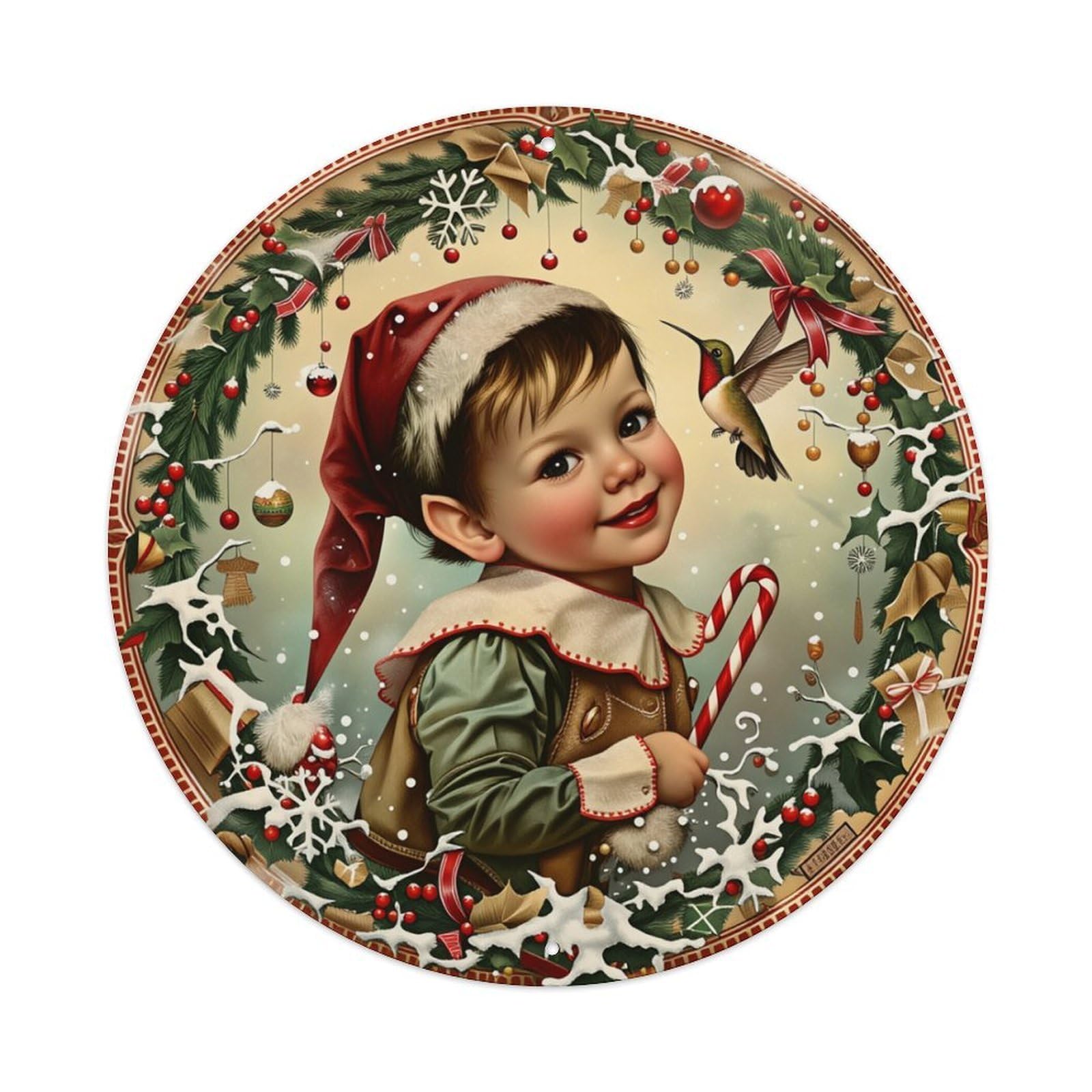 Christmas Child With Candy Cane Round Tin Sign Retro Metal Sign for Cafe Bar Pub Home Game Room Gym Club Wall Decoration Vintage Metal Poster 8x8 Inch