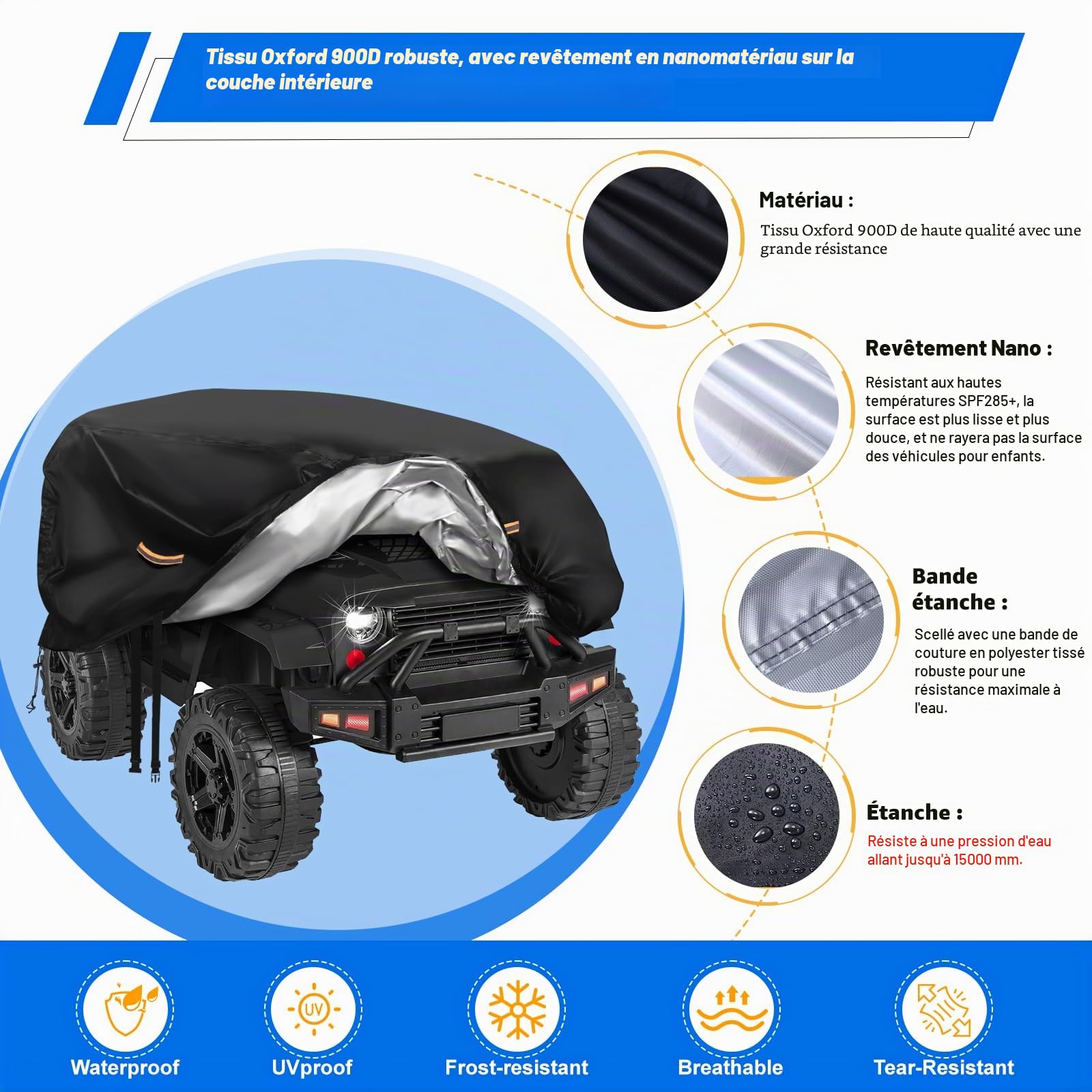 Housse de voiture électrique imperméable 900D pour enfants - Étanche - Boucle coupe-vent - Bande réfléchissante - Grande housse universelle pour jouets - Anti-UV, pluie, poussière - Protection contre